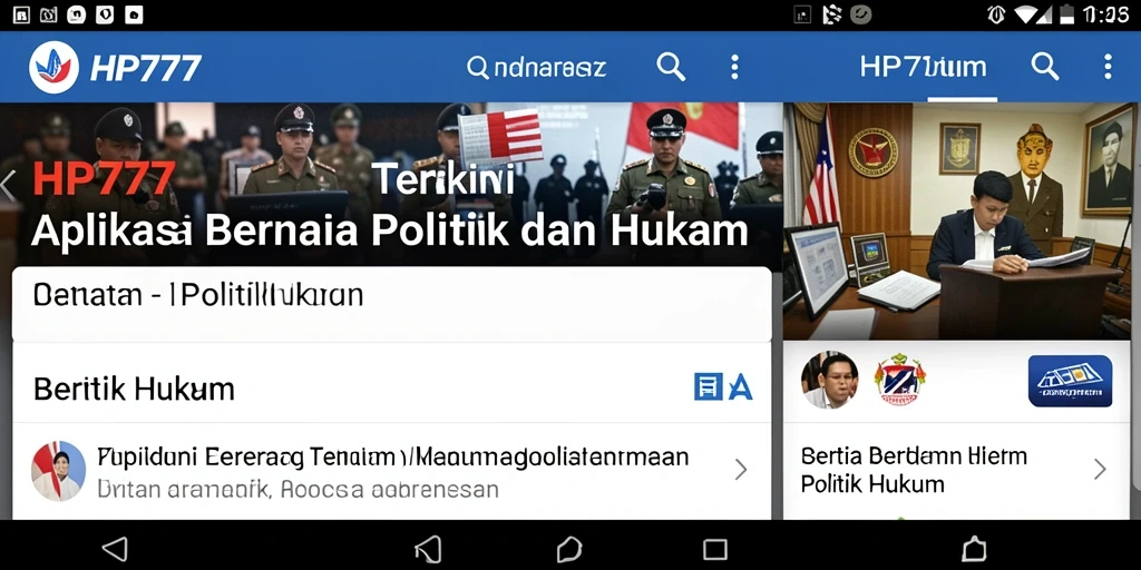 Antarmuka aplikasi HP777 menampilkan berita politik dan hukum dengan jelas.